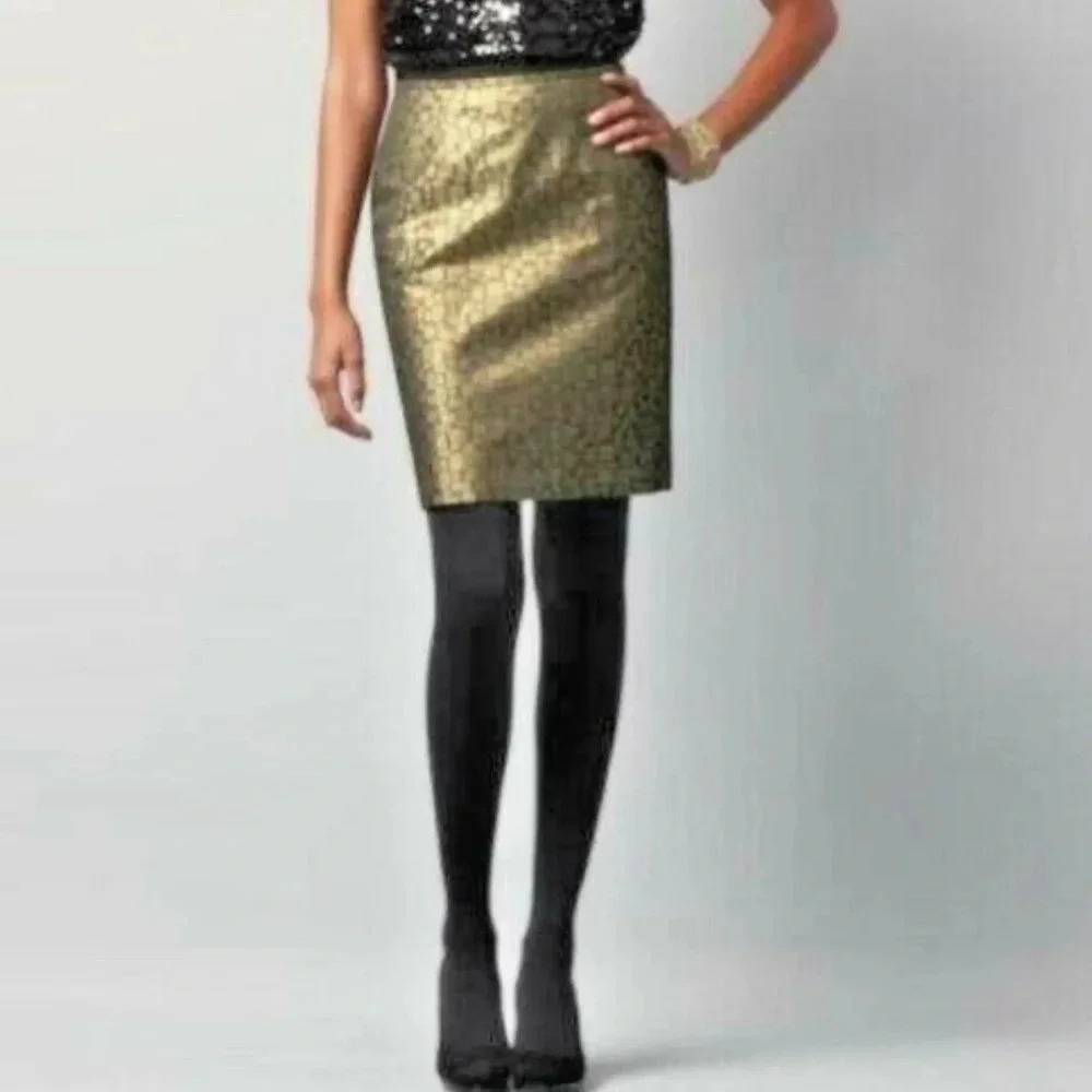 Ann Taylor Loft Pencil Skirt Size 4P Antique Gold Black Metallic Geometric NWT